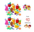 Find 10 differences. Illustration of sweets and drinks for holiday table. Logic puzzle game for children and adults. Page for kids