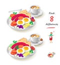 Find 8 differences. Illustration of tasty English breakfast. Logic puzzle game for children and adults. Page for kids brain teaser