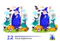 Find 12 differences. Illustration of wizard and little witches celebrating Halloween. Logic puzzle game for children and adults. Royalty Free Stock Photo