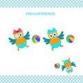 Cartoon funny smiling owl playing ball. Find differences