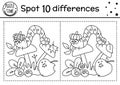 Find differences line game for kids. Black and white autumn forest activity with caterpillar and mushroom. Printable worksheet