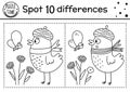 Find differences line game for kids. Black and white Autumn forest educational activity with bird, moth, flowers. Printable