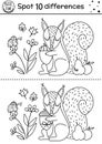 Find differences line game for kids. Black and white Autumn forest educational activity with squirrel and acorn. Printable