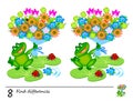 Find 8 differences. Logic puzzle game for children and adults. Page for kids brain teaser book. Illustration of cute frog with Royalty Free Stock Photo