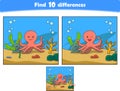 Funny cartoon octopus. Find 10 differences. Kids Education games. Cartoon vector illustration Royalty Free Stock Photo