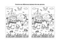 Find the differences visual puzzle and coloring page with elephant Royalty Free Stock Photo