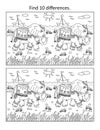 Find the differences picture puzzle and coloring page with two elephants walking along the seashore. Black and white.