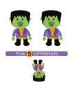 Find differences between pictures. Vector cartoon educational game. Cute pig in Frankenstein costume.