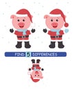 Find differences between pictures. Vector cartoon educational game. Cute pig in Santa hat. Royalty Free Stock Photo