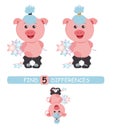 Find differences between pictures. Vector cartoon educational game. Cute pig with starts. Royalty Free Stock Photo