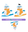 Find differences between pictures. Vector cartoon educational game. Cute snowman in a scarf. Royalty Free Stock Photo