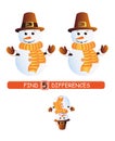 Find differences between pictures. Vector cartoon educational game. Cute snowman. Royalty Free Stock Photo