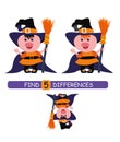 Find differences between pictures. Vector cartoon educational game. Cute pig in witch costume. Royalty Free Stock Photo