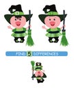 Find differences between pictures. Vector cartoon educational game. Cute pig in witch costume.