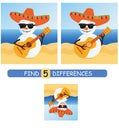 Find differences between pictures. Vector cartoon educational game. Cute snowman in a sombrero and with a guitar.