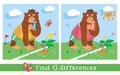 Find 6 differences. Puzzle game for children. Cute gorilla playing rugby. Vector cartoon illustration. Funny monkey