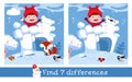 Find 7 Differences. Puzzle game for children. Cute kid playing snowballs in a snow fortress in winter. Character in