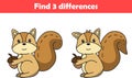Education game for children find three differences between two squirrel animal cartoon Royalty Free Stock Photo