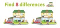 Find the differences in two colored house. Children funny riddle game. English language education sheet. Flat vector Royalty Free Stock Photo