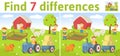 Find the differences in two colored pictures. Children riddle game with farm scene and characters. English language Royalty Free Stock Photo