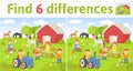 Find the differences in two colored pictures. Children riddle game with farm scene and characters. English language Royalty Free Stock Photo