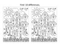 Find 10 differences visual puzzle and coloring page with birds, birdhouses, nestlings. Black and white.