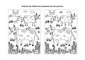 Find the differences visual puzzle and coloring page with cows on a pasture