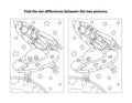 Find the differences visual puzzle and coloring page with UFO, Earth, spaceship