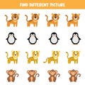 Find different animal in each row. Cute cartoon monkey, tiger, leopard, penguin.