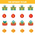 Find different Christmas ball or gift box in each row