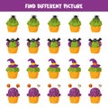 Find different picture of Halloween cupcake. Game for kids.