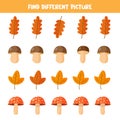 Find different mushroom and leaf in each row,