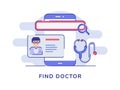 Find doctor concept magnifier doctor profile on smartphone white isolated background with flat style