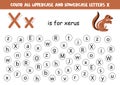 Find and dot all letters X. Educational worksheet for learning alphabet. Cute xerus.