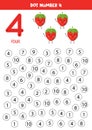 Find and dot number four. Learning number 4 with cute strawberries. Educational worksheet.