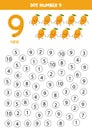 Find and dot number nine. Learning number 9 with cute mangos. Educational worksheet.