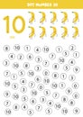 Find and dot number ten. Learning number 10 with cute bananas. Educational worksheet.