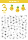 Find and dot number three. Learning number 3 with cute pineapples. Educational worksheet. Royalty Free Stock Photo