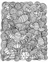 Find eggs hidden in flowers and spiral patterns, coloring page for children with a search task for Easter activities