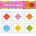 Find extra object. Educational activity worksheet for kids and toddlers. Game for children. Happy characters. Simple flat isolated