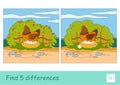 Find five differences quiz learning children game with image of brood chicken sitting on eggs in nestle on countryside