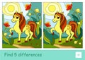 Find five differences quiz learning children game with a skewbald horse in the meadow