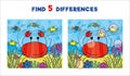Find five differences, vector illustration for children with a crab in the water, fishes and corals
