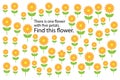 Find flower with 5 petals, spring fun education puzzle game for children, preschool worksheet activity for kids, task for the