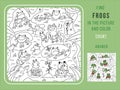 Find the frogs and color, count. Games for Children. Puzzle Hidden Items. Black and white outline for colouring in