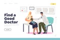 Find good doctor concept of landing page with mother and son visiting pediatrician