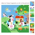 Find the hidden fragments. Educational game for kids. Animals on farm. Cartoon characters. Cute funny cows walk and read