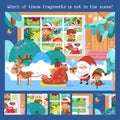Find hidden fragments. Game for children. Cute Santa, deer, elves prepare for Christmas. Winter scene in cartoon style Royalty Free Stock Photo