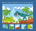 Find hidden fragments. Game for children. Dinosaurs Tyrannosaurus and Triceratops. Cartoon character vector illustration