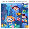 Find the hidden fragments. Game for kids. Children swim underwater with fish, octopus, sea creatures. Castle and